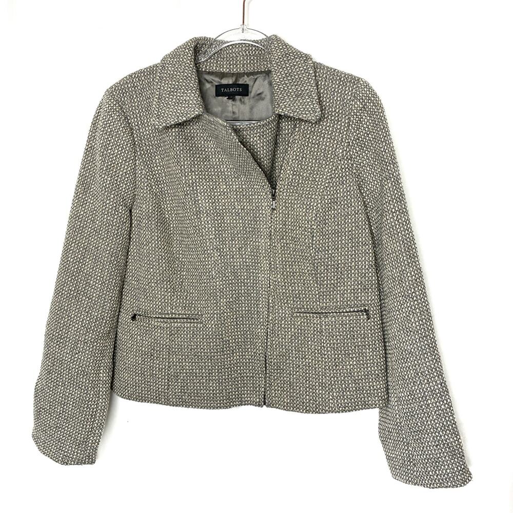 Talbots Gray Beige Marled Full Zip Blazer Jacket Wool Blend Womens 12